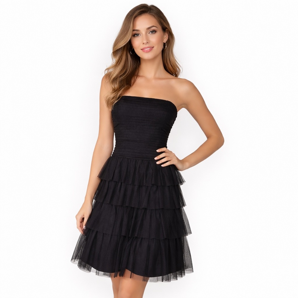 BCBGMaxAzria Black Strapless Tulle Ruffle Midi Dress